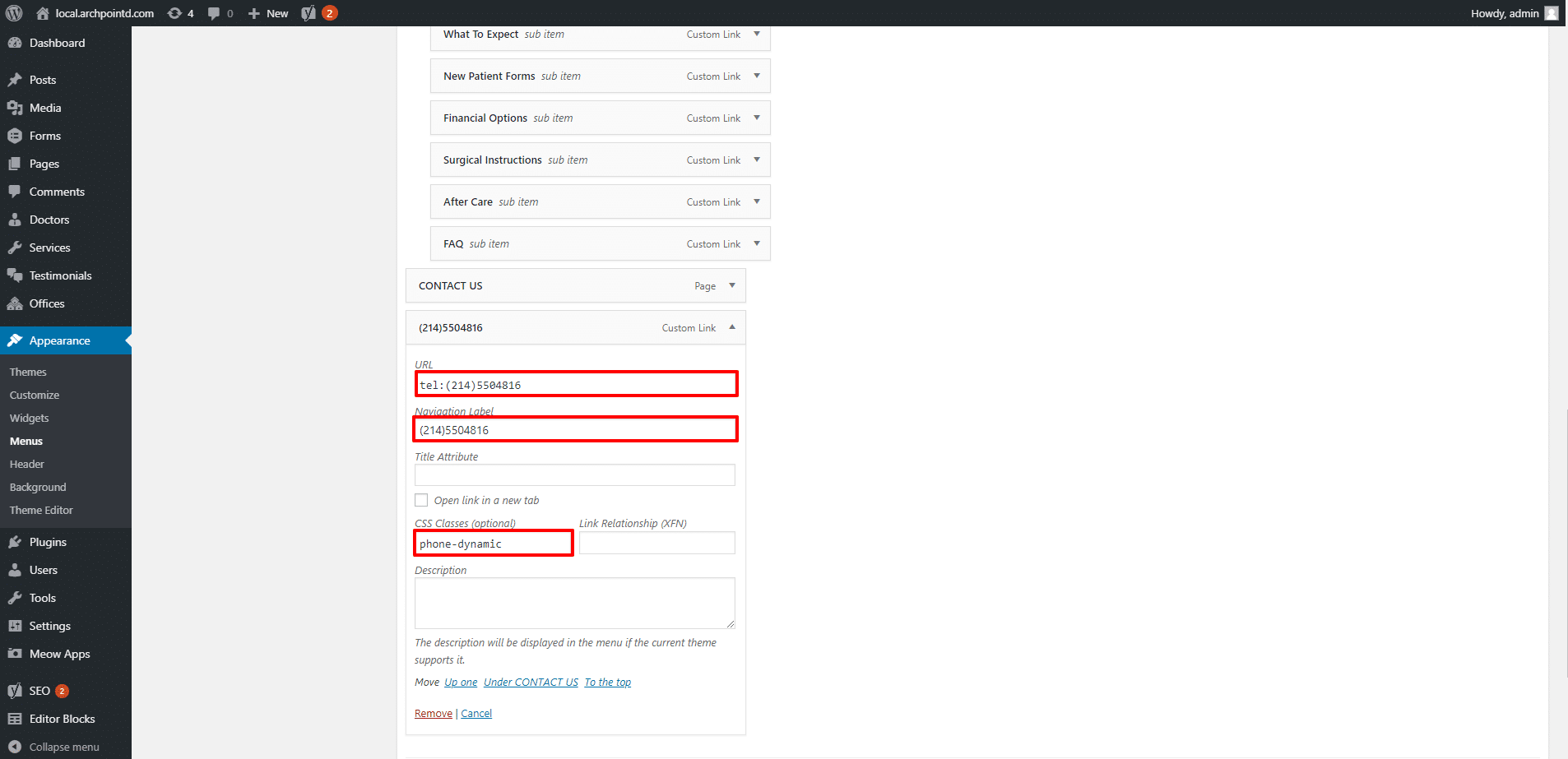 telephone menu admin